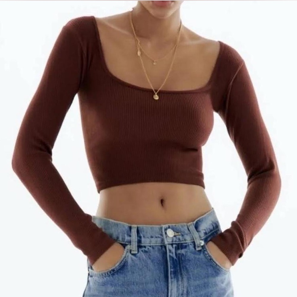 Zara Seamless Brown Ribbed Long Sleeve Crop Top